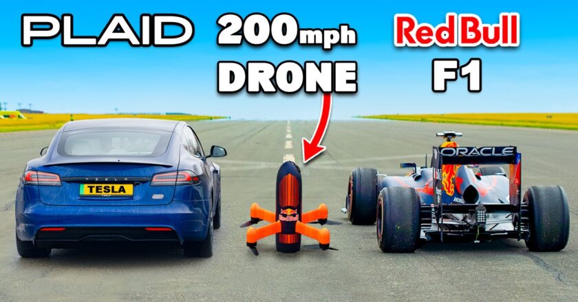 Video: Tesla S Plaid v 200mph F1 Drone: DRAG RACE