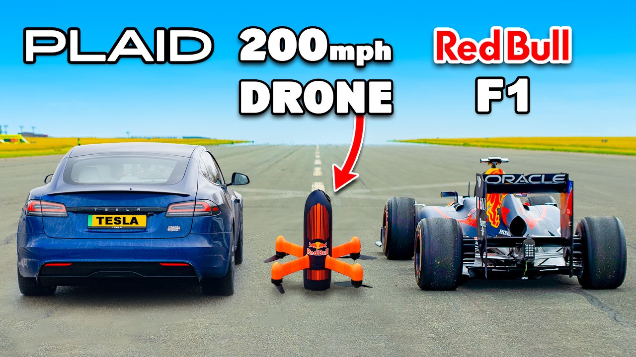 Video: Tesla S Plaid v 200mph F1 Drone: DRAG RACE
